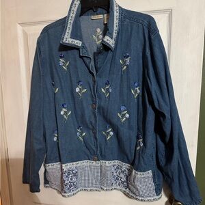 BOBBIE BROOKS Button Front EMBROIDERED Flowers Gingham Trim JACKET Size XL
